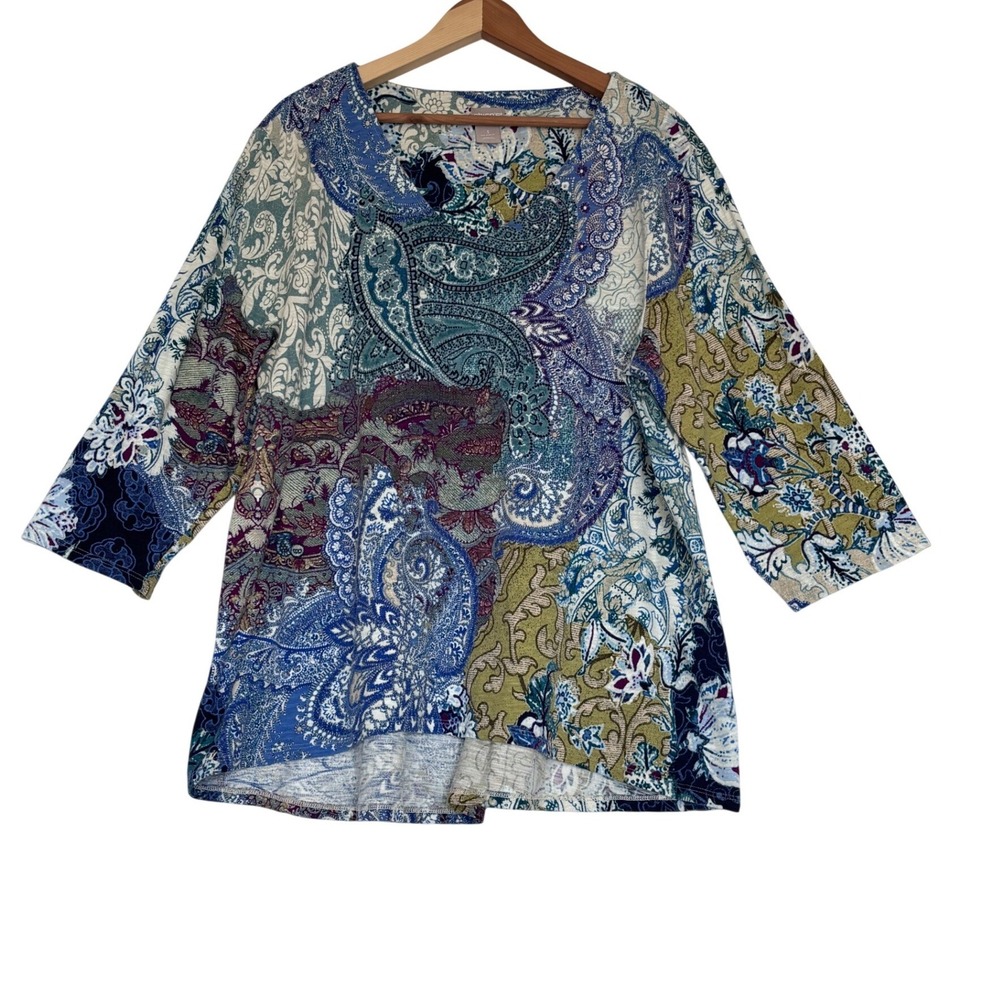 Chicos Paisley Floral V-Neck Top Blue Green 3/4 Sleeve High Low Size 3 XL